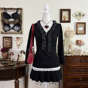 y2k twee preppy girly grunge black half zip sweater w floral ruffle polkadot det